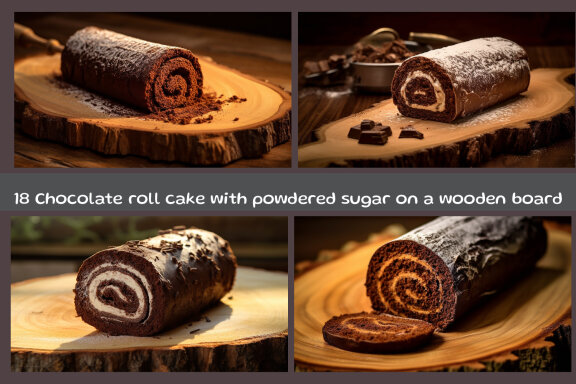 Chocolate roll cake with powdered sugar on a wooden board