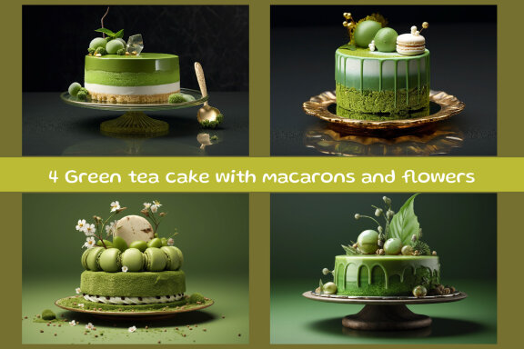 Green tea cake with macarons and flowers
