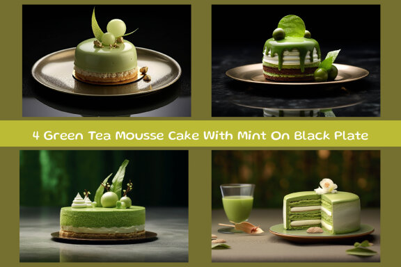 Green Tea Mousse Cake With Mint On Black Plate