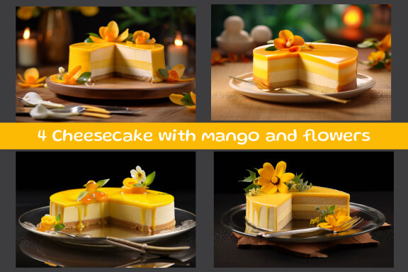 Cheesecake with mango and flowers