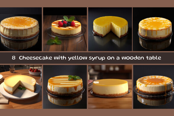 Cheesecake with yellow syrup on a wooden table