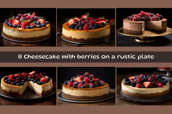 Cheesecake with berries on a rustic plate