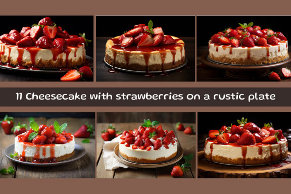 Cheesecake with strawberries on a rustic plate
