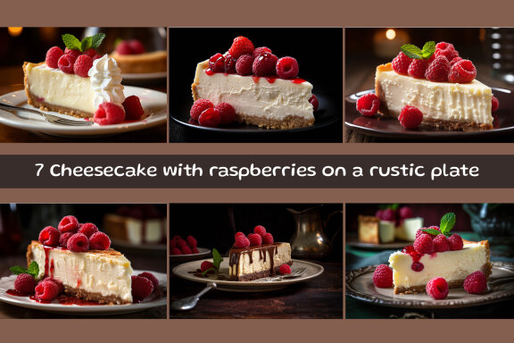 Cheesecake with raspberries on a rustic plate