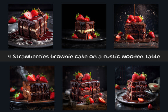Strawberries brownie cake on a rustic wooden table