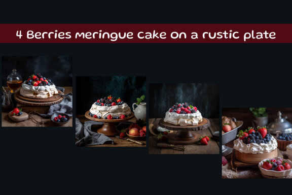 Berries meringue cake on a rustic plate