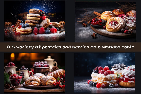 A variety of pastries and berries on a wooden table