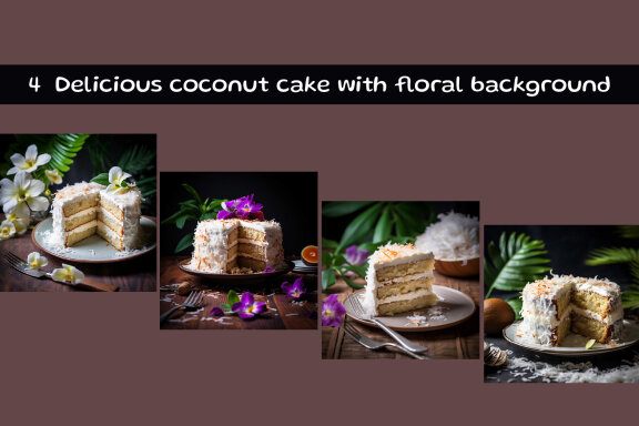 Delicious coconut cake with floral background