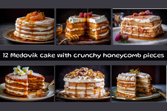Medovik cake with crunchy honeycomb pieces