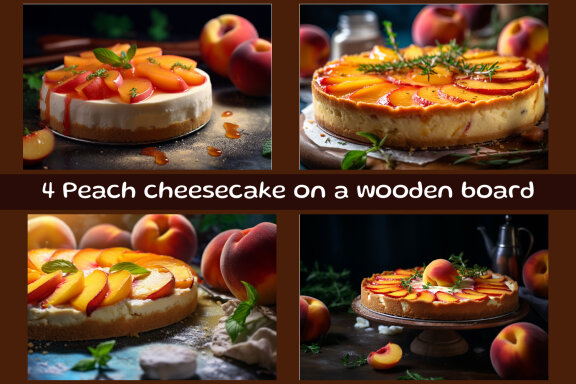 Peach cheesecake on a wooden board