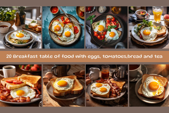 Breakfast table of food with eggs, tomatoes, bread and tea