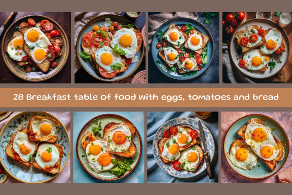 Breakfast table of food with eggs, tomatoes and bread