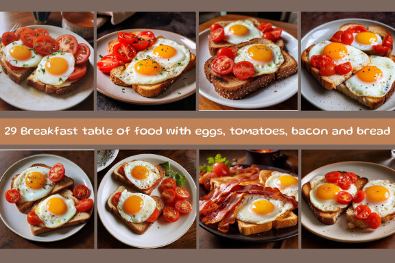 Breakfast table of food with eggs, tomatoes, bacon and bread