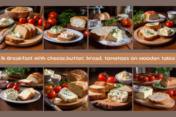  Breakfast with cheese,butter, bread, tomatoes on wooden table