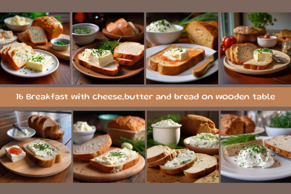 Breakfast with cheese,butter and bread on wooden table
