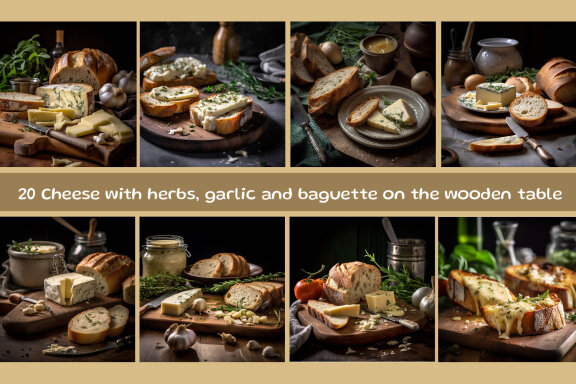 Cheese with herbs, garlic and baguette on the wooden table