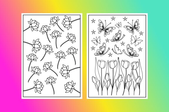 8 Coloring pages (Flowers and butterflies)