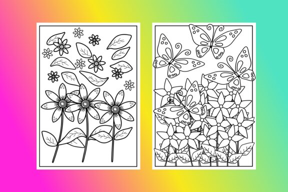 8 Coloring pages (Flowers and butterflies)