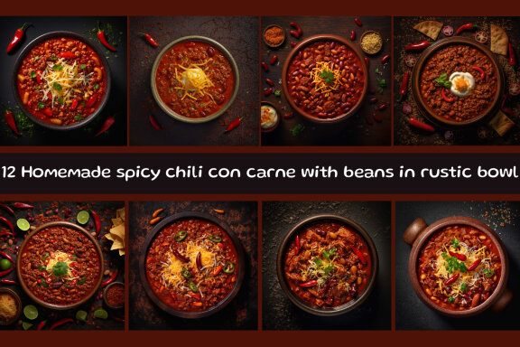 Homemade spicy chili con carne with beans in rustic bowl