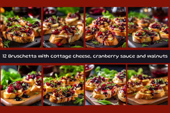 Bruschetta with cottage cheese, cranberry sauce and walnuts