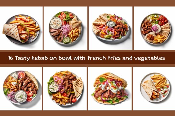 Tasty kebab on bowl with french fries and vegetables