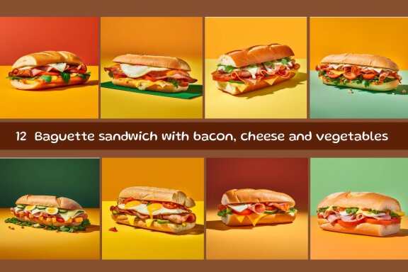 Baguette sandwich with bacon, cheese and vegetables