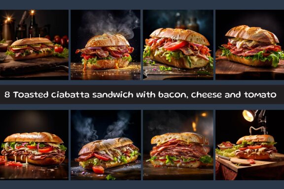 Toasted ciabatta sandwich with bacon, cheese and tomatoes