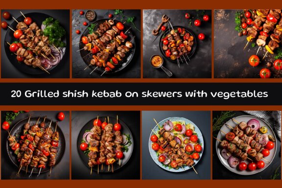 Grilled shish kebab on skewers with vegetables