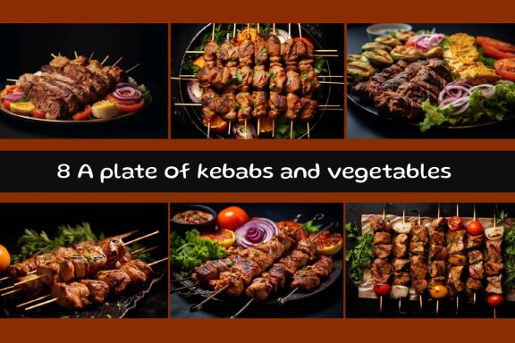 A plate of kebabs and vegetables with a black background