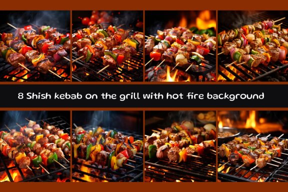 Shish kebab on the grill with hot fire background