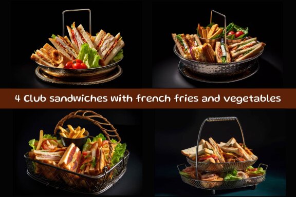 Club sandwiches with french fries and vegetables
