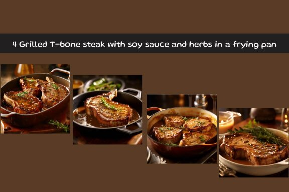 Grilled T-bone steak with soy sauce and herbs in a frying pan