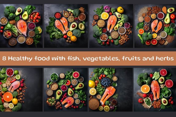 Healthy food with fish, vegetables, fruits and other ingredients