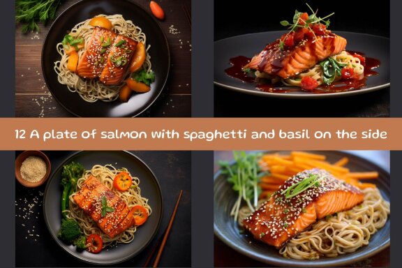 A plate of salmon with spaghetti and basil on the side