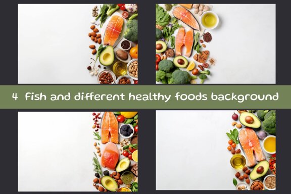 Fish and different healthy foods background