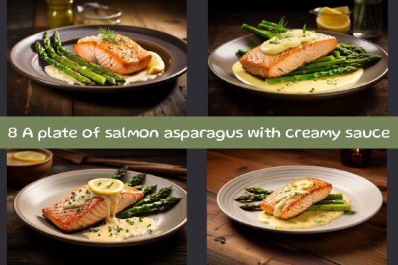 A plate of salmon asparagus with creamy sauce