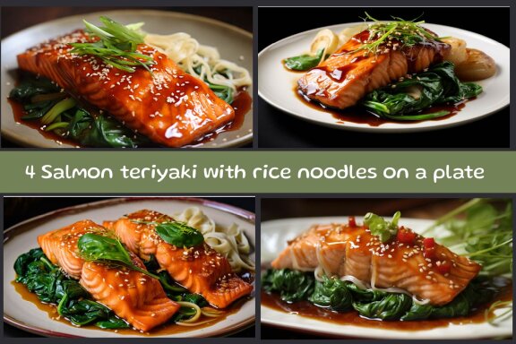 Salmon teriyaki with rice noodles on a plate