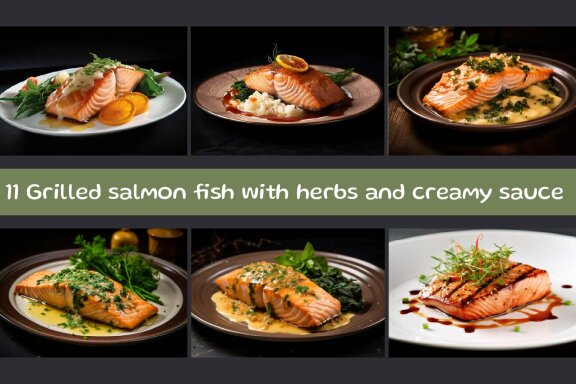  Grilled salmon fish with herbs and creamy sauce