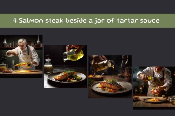 Salmon steak beside a jar of tartar sauce