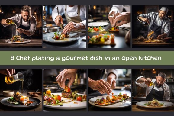 Chef plating a gourmet dish in an open kitchen