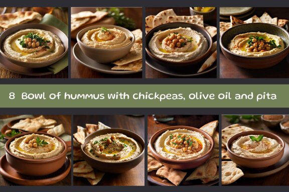 Bowl of hummus with chickpeas, olive oil and pita