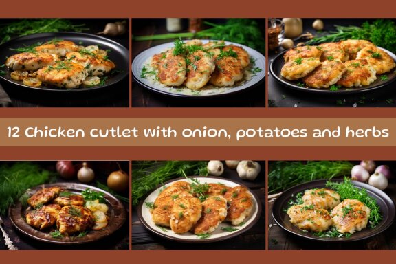 Chicken cutlet with onion, potatoes and herbs