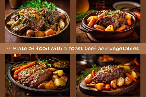 Plate of food with a roast beef and vegetables