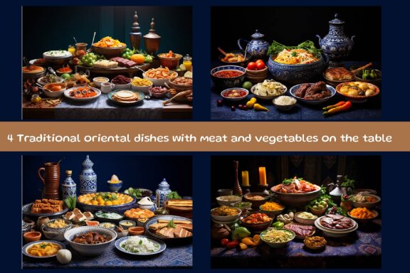 Traditional oriental dishes with meat vegetables and spices on the table