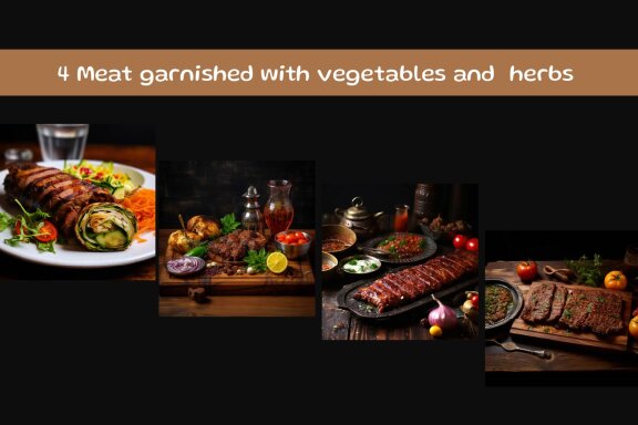 Meat garnished with vegetables and  herbs