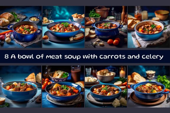 A bowl of meat soup with carrots and celery