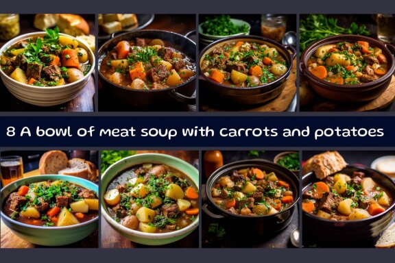 A bowl of meat soup with carrots and potatoes