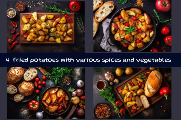 Fried potatoes inside pan with various spices and vegetables
