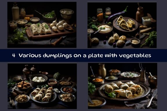 Various dumplings on a plate with vegetables