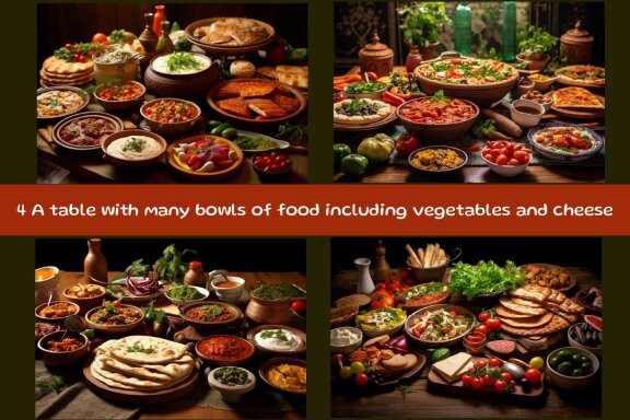 A table with many bowls of food including vegetables and cheese